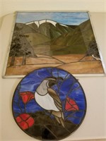 651- Mountain Scene & Bird Stained Glass Panels