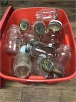 Tote of canning jars some with zinc lids