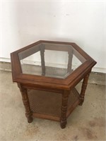 Hexagon end table with glass top and Wicker