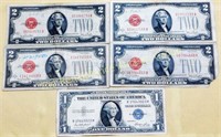 4 1928 $2 Bills, 1 1935 Silver Certificate