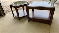 Wood end tables. Glass tops, bottom storage.