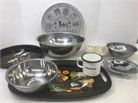 Variety of souvenir serving trays, enamel mug,