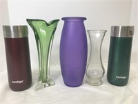 Three vases and two water bottles.