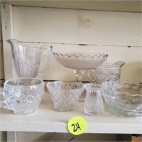SHELF OF ASSORTED GLASS- PITCHERS AND MORE