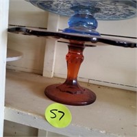 AMBER AND BLUE GLASS CAKE STAND
