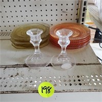PINK AND YELLOW DEPRESSION PLATES / CANDLE STICKS