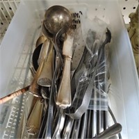 SMALL TOTE OF MISC. FLATWARE