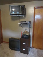 DVD/VHS Player, 2 TVs, File Cabinet + Misc.