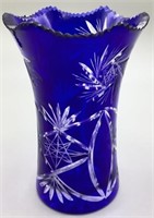 Colbalt Blue Cut Glass Fluted Vase 6 Inch Chips