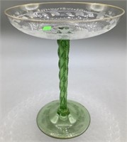 Etched Glass Gold Rimmed Green Twisted Stemmed