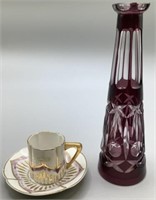 Amethyst Cut Glass Vase And Tea Cup With Saucer