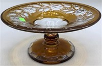 Amberina Hand Cut Glass Pedestal Dish 8.5 Inch
