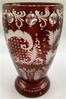 Bohemian Ruby Etched Glass Vase 10.25 Inch