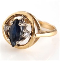 14K YELLOW GOLD MARQUIS SAPPHIRE AND DIAMOND RING