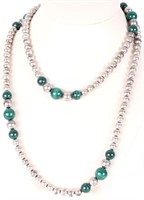 STERLING SILVER AND MALACHITE BEADED NECKLACE