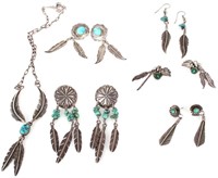 NAVAJO SILVER & TURQUOISE FEATHER EARRINGS - (6)