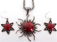 STERLING SILVER & RED STONE NECKLACE & EARRINGS