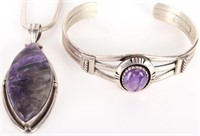 STERLING SILVER & OVAL CHAROITE JEWELRY SET - (2)