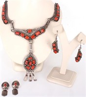 NAVAJO SILVER & RED CORAL NECKLACE & EARRINGS (3)