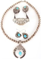 NAVAJO ENGRAVED SILVER & TURQUOISE JEWELRY - (4)