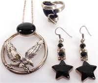 STERLING SILVER & BLACK STONE ENGRAVED JEWELRY SET