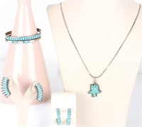 VINTAGE SILVER & TURQUOISE NAVAJO JEWELRY - (5)