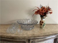 Glass Punch Bowl & Silk Flowers