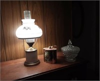 Lamp, Tin and covered candy dish.