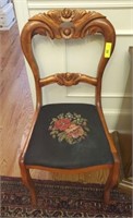 VINTAGE MAHOGANY CARVED BACK NEEDLE POINT CHAIR