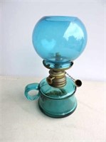 Antique Aqua Finger Lamp W/ Brass Snuffer 6 1/2"T
