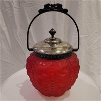 VICTORIAN RED BEADED GLASS BISCUIT JAR