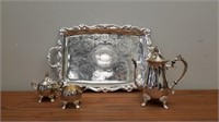 SERVING TRAY WITH URN AND CREAM & SUGAR BOWL