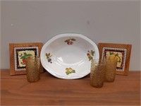 SERVING BOWL WITH TRIVETS AND GLASSWARE