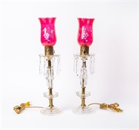 Pair of Vintage Cranberry Glass Hurricane Lamps