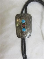 STERLING SILVER TURQUOISE AND CORAL BOLO TIE