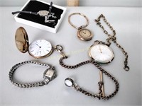Old pocket watches and a Hamilton 1942 watch face