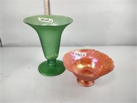 Green glass vase, orange glass fruit bowl