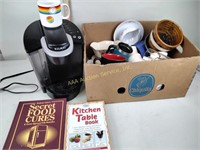 Keurig, coffee mugs, cookbooks, kitchen glasses