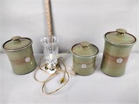 Pottery kitchen canisters, crystal lamp