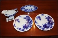 Flow Blue - 2 plates, gravy bowl and small