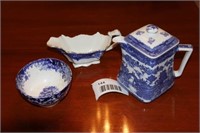 blue and white china - tea pot, bowl and gravy