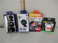 Phone accessories including earbuds, versa cam,