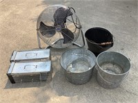 Fan, 2 animal traps, and 3 metal buckets
