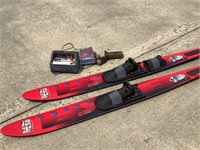 Waterskis, marine battery charger, and hitch