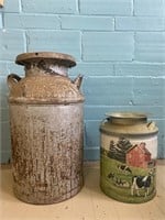Antique Milk Can & Vintage Cow Tin