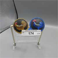 Rooster Carnival Glass hatpin-blue & amber