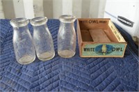 Lot of 3 Milk Bottles & White Owl Box