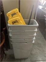 (5) Industrial Kitchen Trash Cans, Caution Floor
