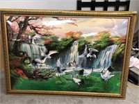 HUGE!!  64.5” Width Crane & waterfalls Wall Art