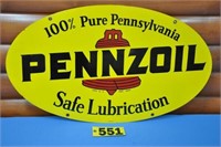 Vintage 1970 Pennzoil metal oval sign, dble-sided